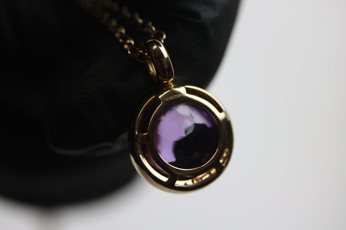 Wempe Halskette 750 Gelbgold mit Lila Stein und 13x Diamant Anhänger - ca. 44 cm