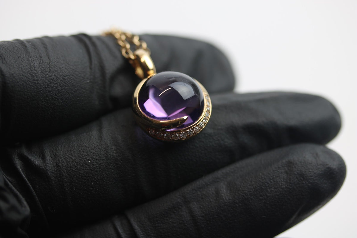 Wempe Halskette 750 Gelbgold mit Lila Stein und 13x Diamant Anhänger - ca. 44 cm