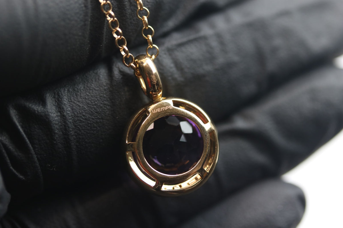 Wempe Halskette 750 Gelbgold mit Lila Stein und 13x Diamant Anhänger - ca. 44 cm