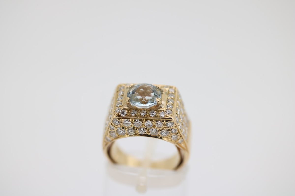 Diamant Gold Ring mit blauem Stein, aus 750 Gelbgold – Ringgröße 48