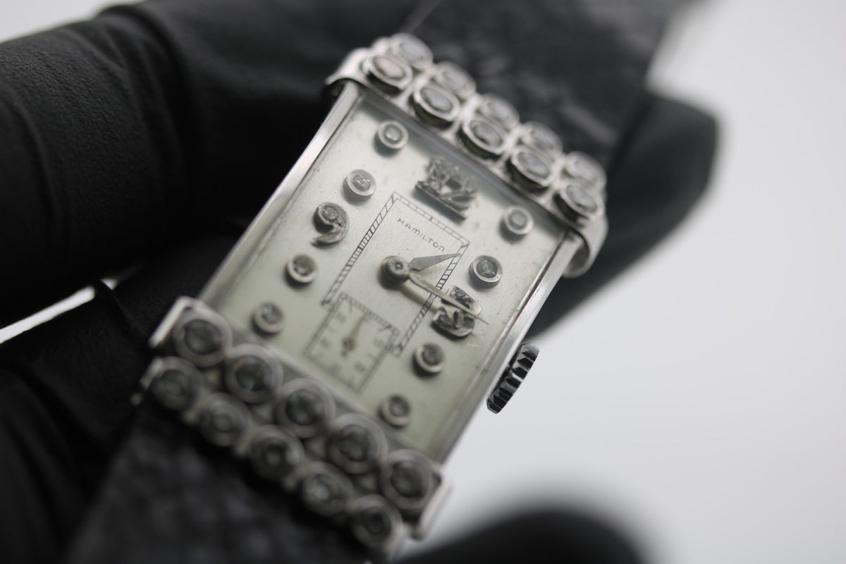 Hamilton Art Deco Vintage Handaufzug 14k Ambanduhr mit Diamanten