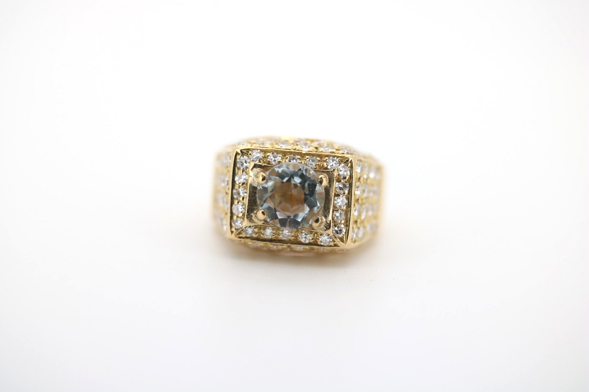 Diamant Gold Ring mit blauem Stein, aus 750 Gelbgold – Ringgröße 48
