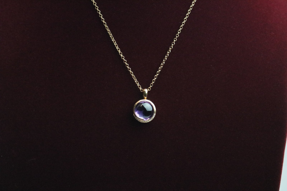 Wempe Halskette 750 Gelbgold mit Lila Stein und 13x Diamant Anhänger - ca. 44 cm