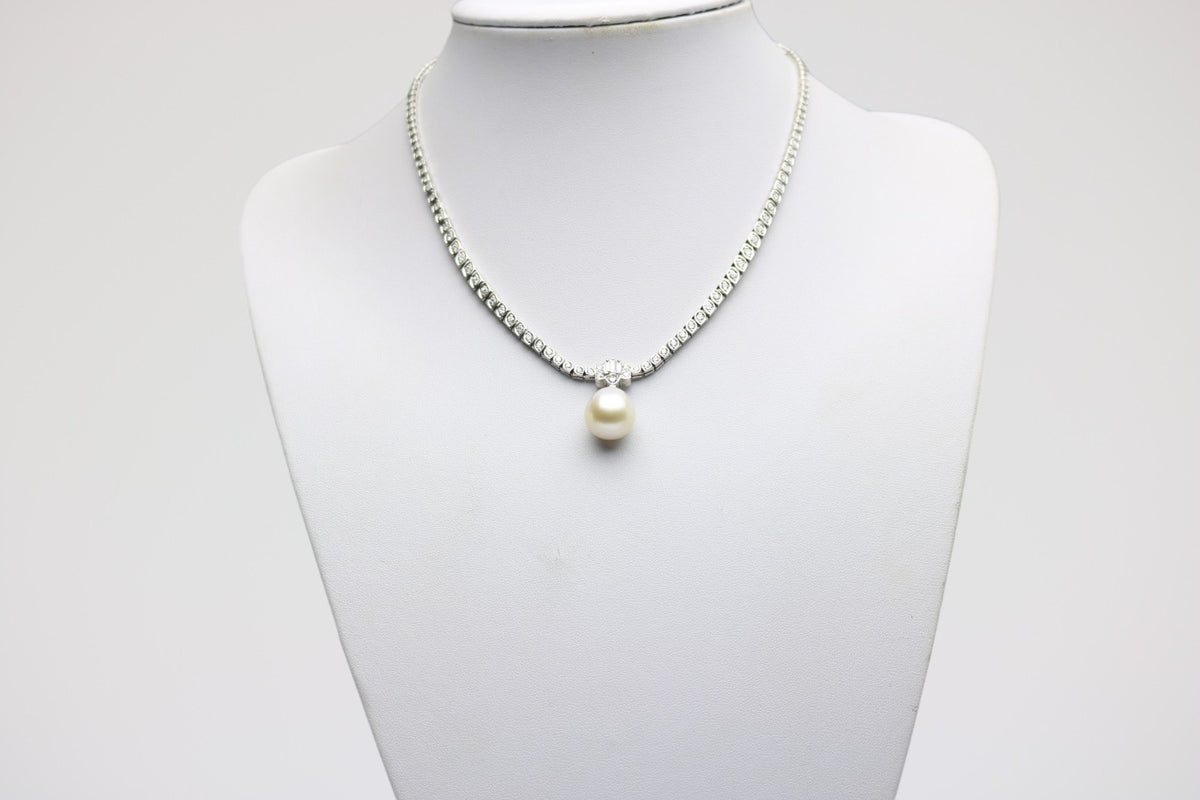 Diamant Halskette Collier 750 Weißgold, 120 Diamanten, Perlanhänger - ca. 46 cm